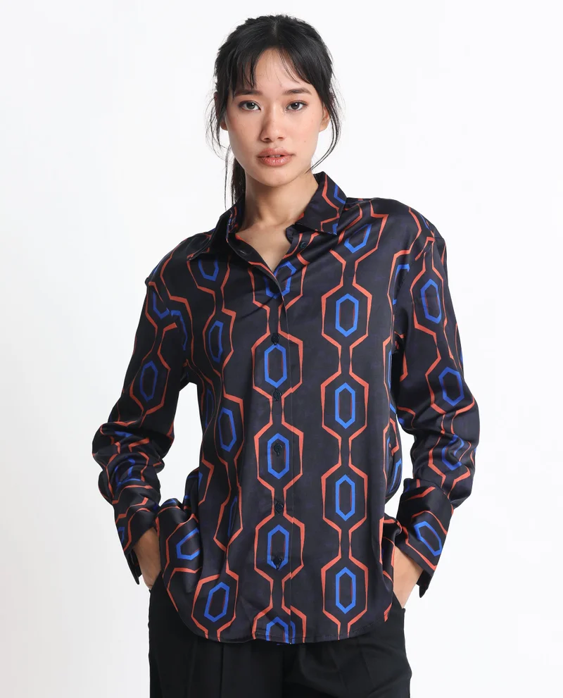Rareism Women's Geometric Print Satin Shirt
