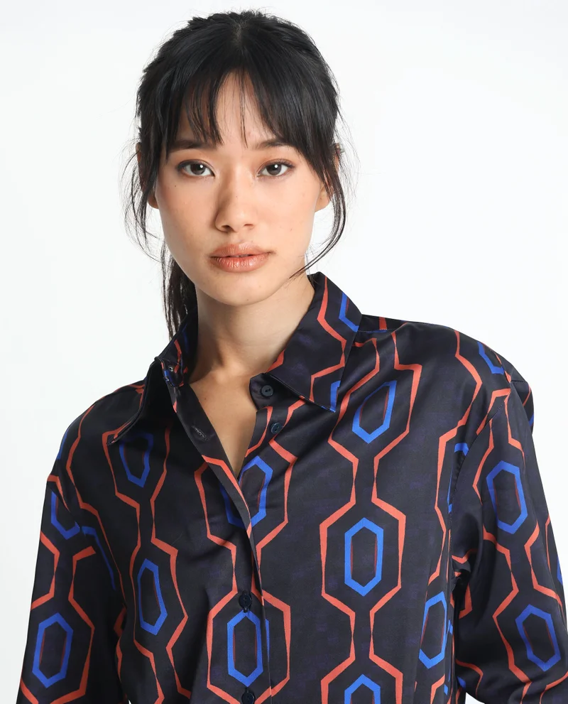 Rareism Women's Geometric Print Satin Shirt