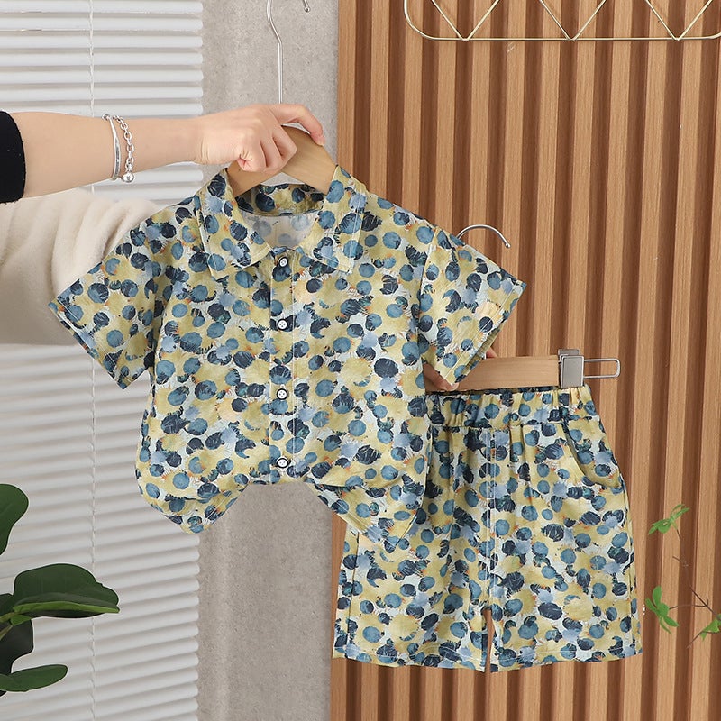 Foreign trade new summer boys shirt full-body printed short sleeve casual cotton pants two-piece set manufacturers wholesale Khaki
