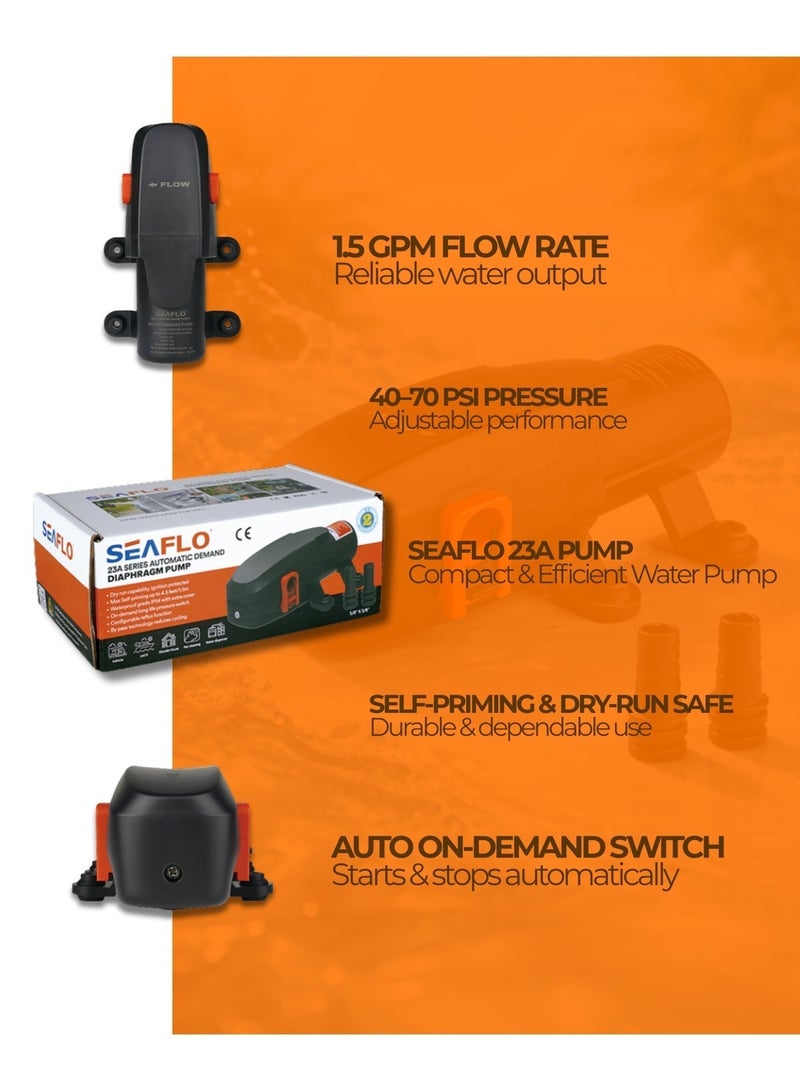 SEAFLO 23A Series Automatic Diaphragm Water Pump 12V/24V | Mini On-Demand Water Pump 1.5 GPM | RV, Marine & Utility Pump IP54 - Image 4