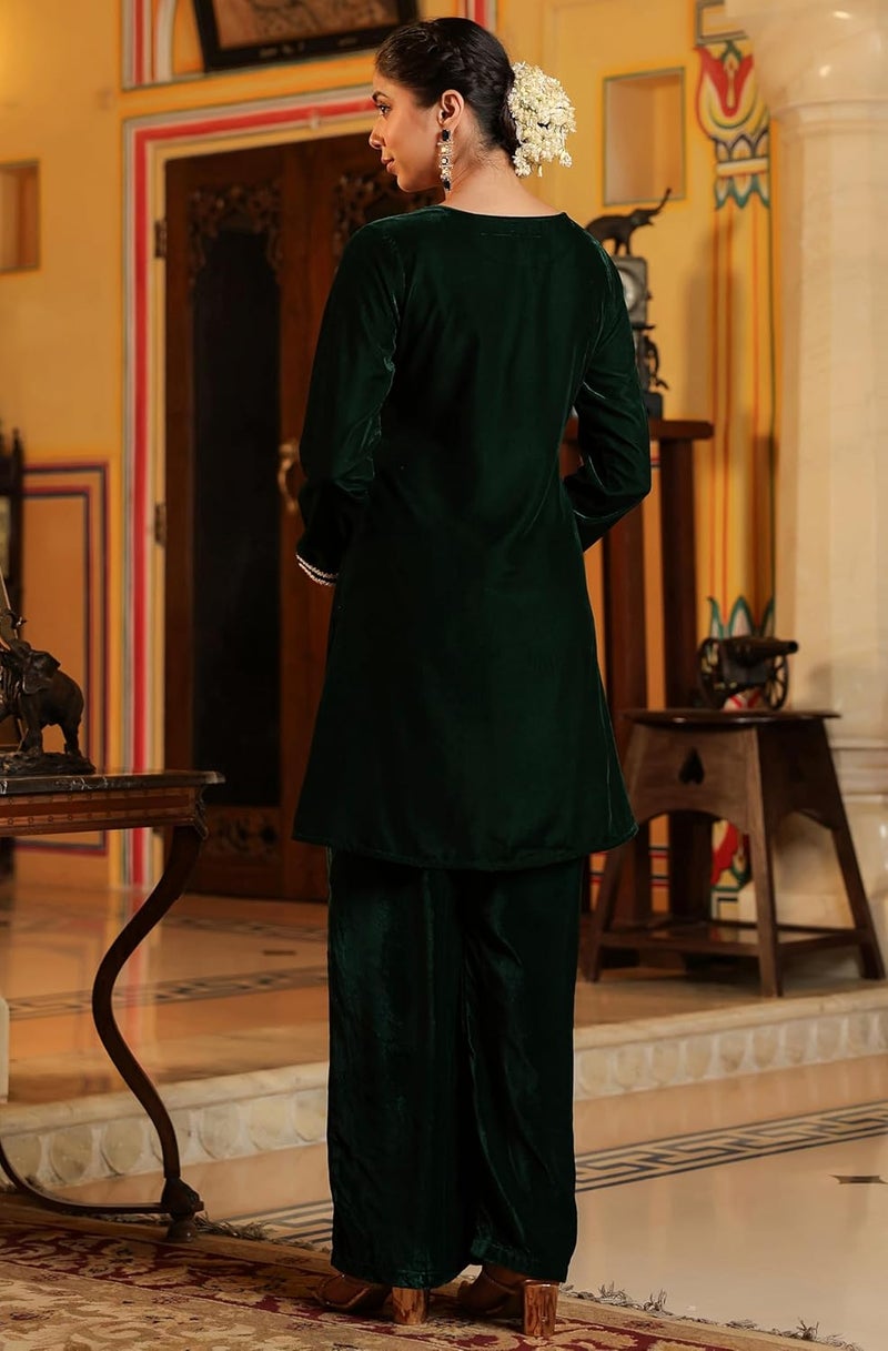 Janasya Women's Bottle Green Velvet Yoke Embroidered Straight Co-ord Set - Image 4