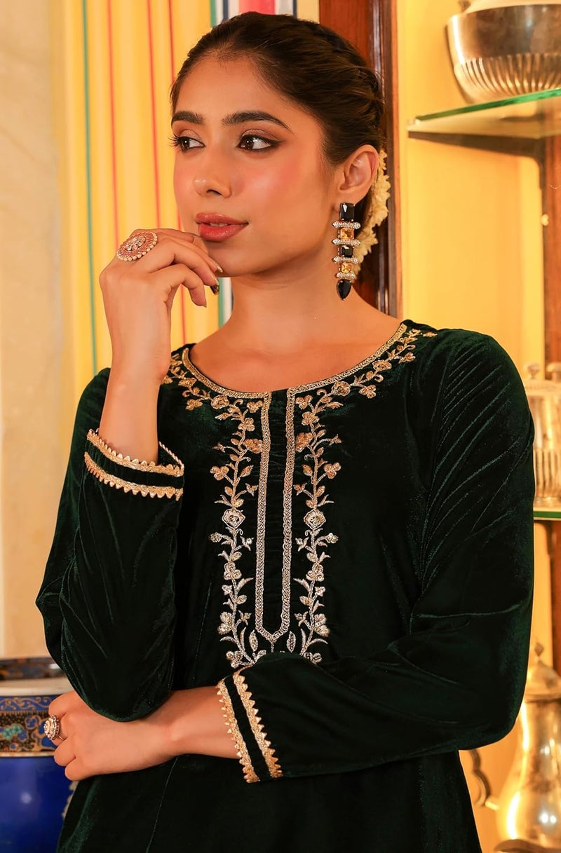 Janasya Women's Bottle Green Velvet Yoke Embroidered Straight Co-ord Set - Image 2