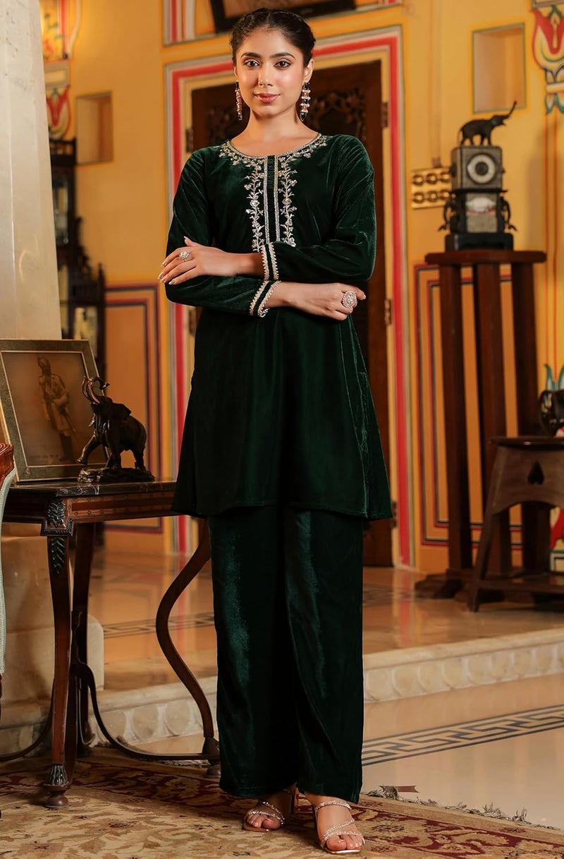 Janasya Women's Bottle Green Velvet Yoke Embroidered Straight Co-ord Set - Image 3