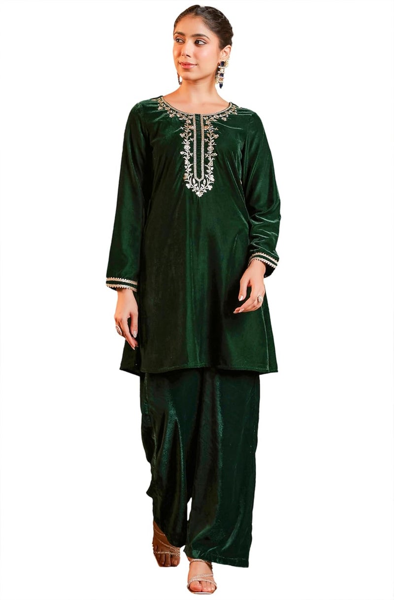 Janasya Women's Bottle Green Velvet Yoke Embroidered Straight Co-ord Set - Image 1