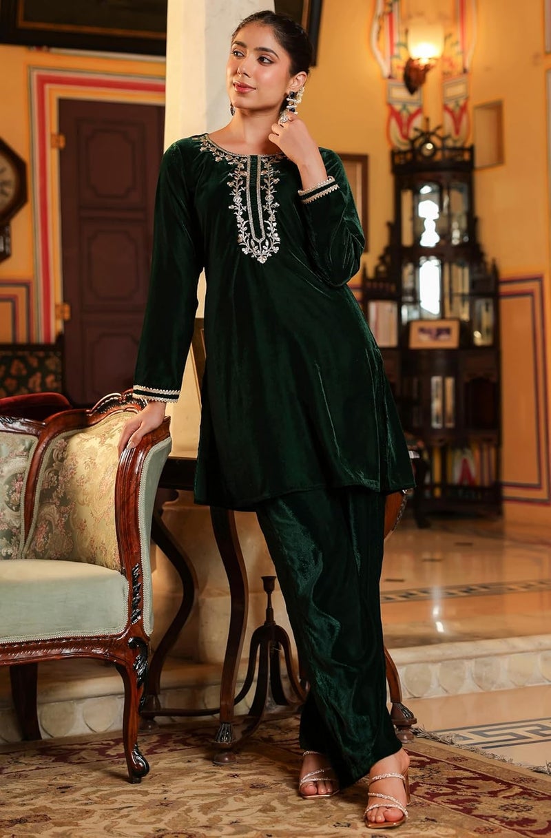 Janasya Women's Bottle Green Velvet Yoke Embroidered Straight Co-ord Set - Image 5