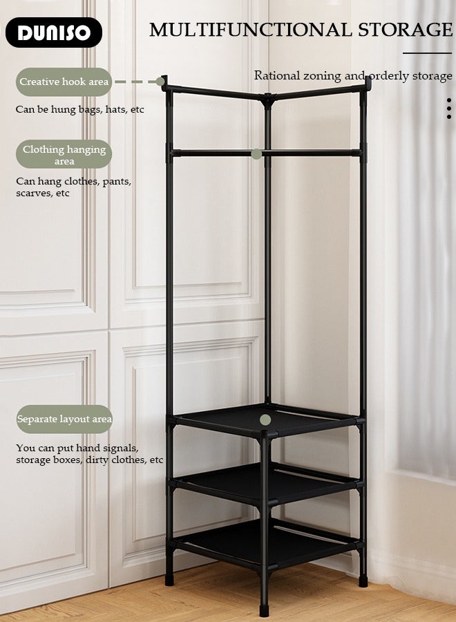 DUNISO Corner Coat Rack,Foyer Shoe Rack, Free Standing Coat Rack with 2 Layers Of Storage Shelves, Corner Clothes Stand for Hanging Clothes, Freestanding Clothing Garment Rack for Hallway Entryway Bedroom Living Room  - Image 3