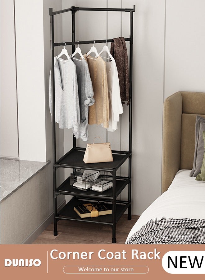 DUNISO Corner Coat Rack,Foyer Shoe Rack, Free Standing Coat Rack with 2 Layers Of Storage Shelves, Corner Clothes Stand for Hanging Clothes, Freestanding Clothing Garment Rack for Hallway Entryway Bedroom Living Room  - Image 1