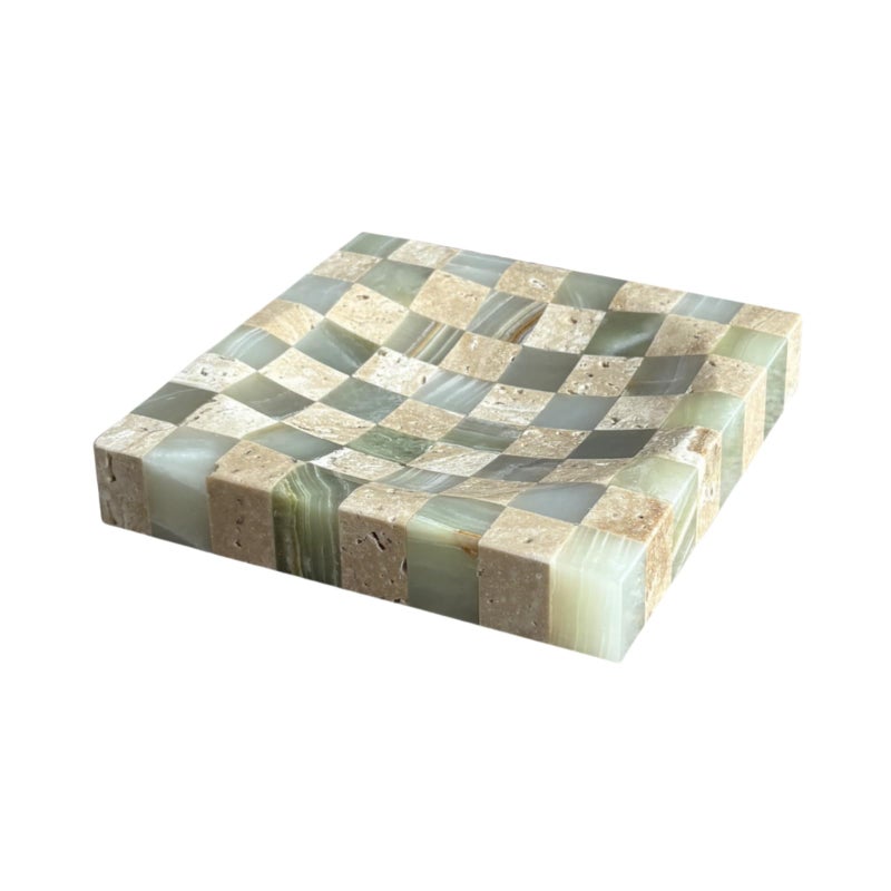 StonePlus Marble Stone Green Onyx with Travertine Checkerboard Square Small Splicing Mosaic Tray Jewelry Dish (Green and Beige) - Image 1