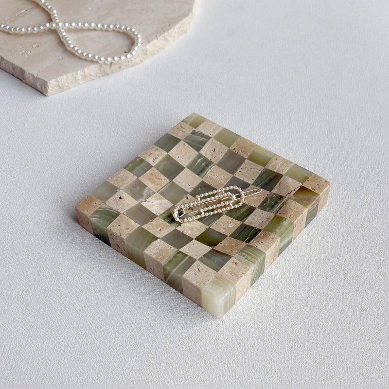 StonePlus Marble Stone Green Onyx with Travertine Checkerboard Square Small Splicing Mosaic Tray Jewelry Dish (Green and Beige) - Image 3