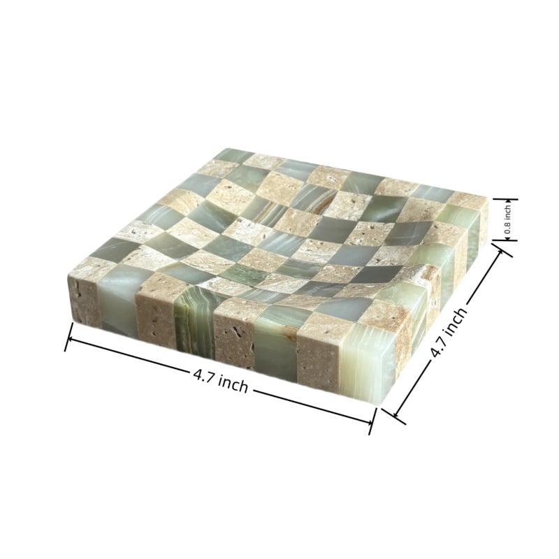 StonePlus Marble Stone Green Onyx with Travertine Checkerboard Square Small Splicing Mosaic Tray Jewelry Dish (Green and Beige) - Image 2
