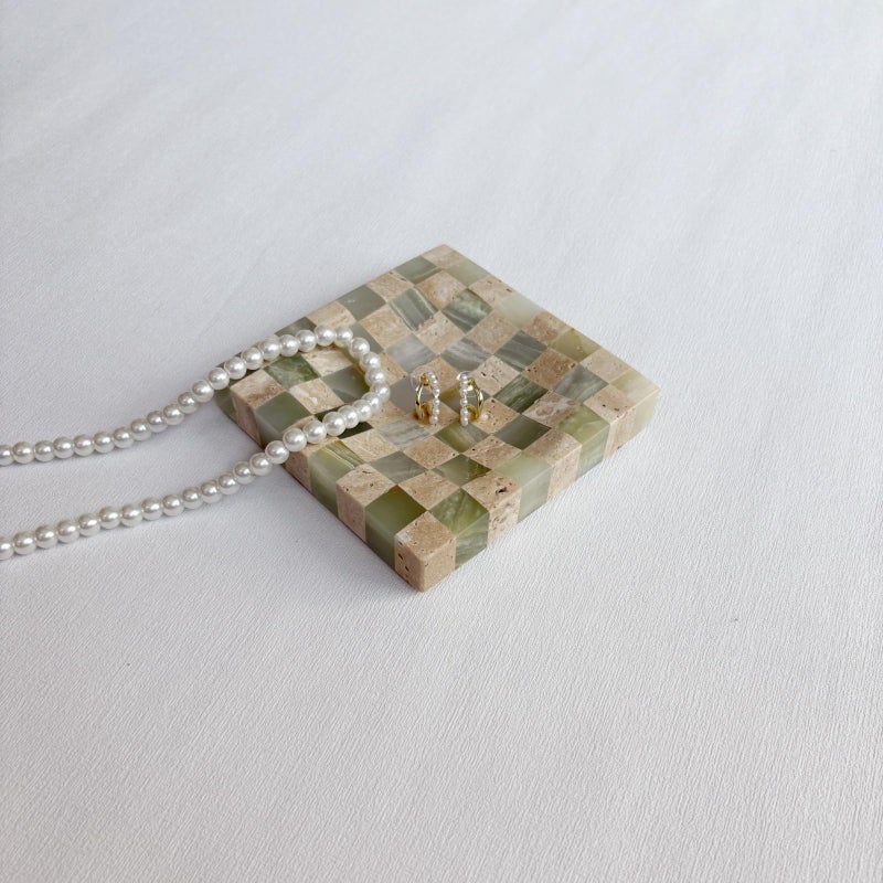 StonePlus Marble Stone Green Onyx with Travertine Checkerboard Square Small Splicing Mosaic Tray Jewelry Dish (Green and Beige) - Image 5