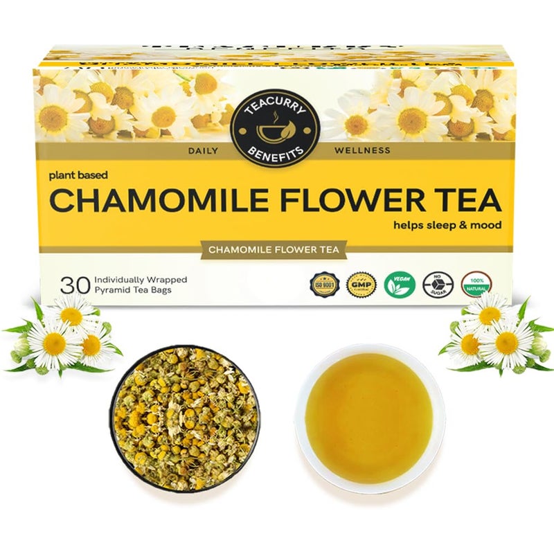 TEACURRY Chamomile Tea (30 Tea Bags, 1 Month Pack) - Pure Chamomile Flower For Sleep, Relaxation and Calmness | Caffeine Free Tea - Image 1