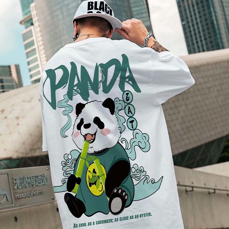 Summer 2021 national fashion panda printed short sleeve T-shirt men's new fashion brand High Street OVERSIZE couple half sleeve - Image 1