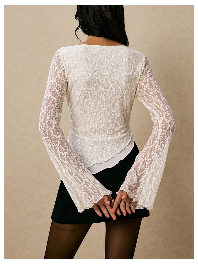 Verdusa Women's Y2k Lace Bell Long Sleeve Top Sheer Boat Neck Asymmetrical Fitted Going Out Tops Apricot Medium - Image 2