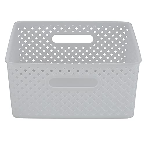 Simplify Medium Resin Wicker Tote | Storage Bin | Plastic Organizer | Carrying Handles | Bathroom | Pantry | Accessories | Cleaning Products | White - Image 3
