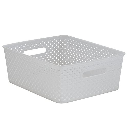 Simplify Medium Resin Wicker Tote | Storage Bin | Plastic Organizer | Carrying Handles | Bathroom | Pantry | Accessories | Cleaning Products | White - Image 1