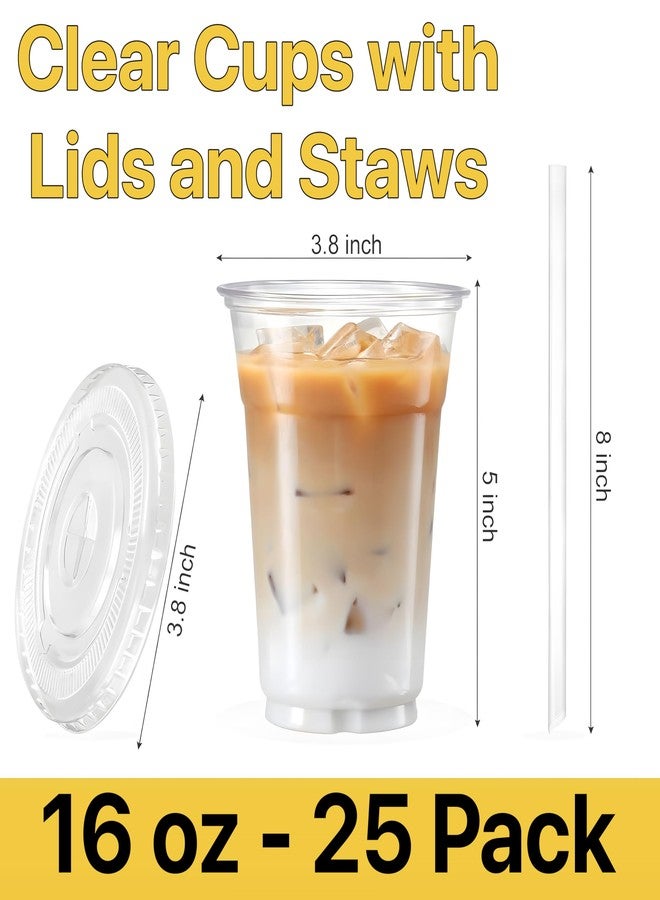 Pokanic Plastic Clear Cups [16 oz] with Lids and Straws [25 Set] Disposable Cold Beverage Drinking Iced Coffee Water Juice Tea Party Travel Cafe Restaurant School Office Home Kitchen (25 Set, 16 oz) - Image 2