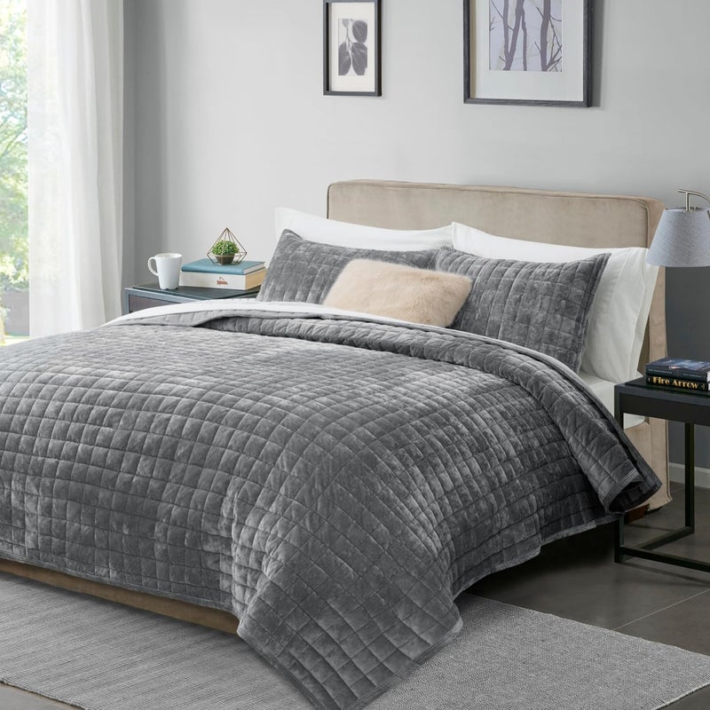 RECYCO Luxury Velvet Quilt Set TwinTwin XL Size Lightweight Velvet Comforter Set Oversized Bedspread Coverlet Quilted Bedding Set with 1 Matching Pillow Sham for All Season Gray