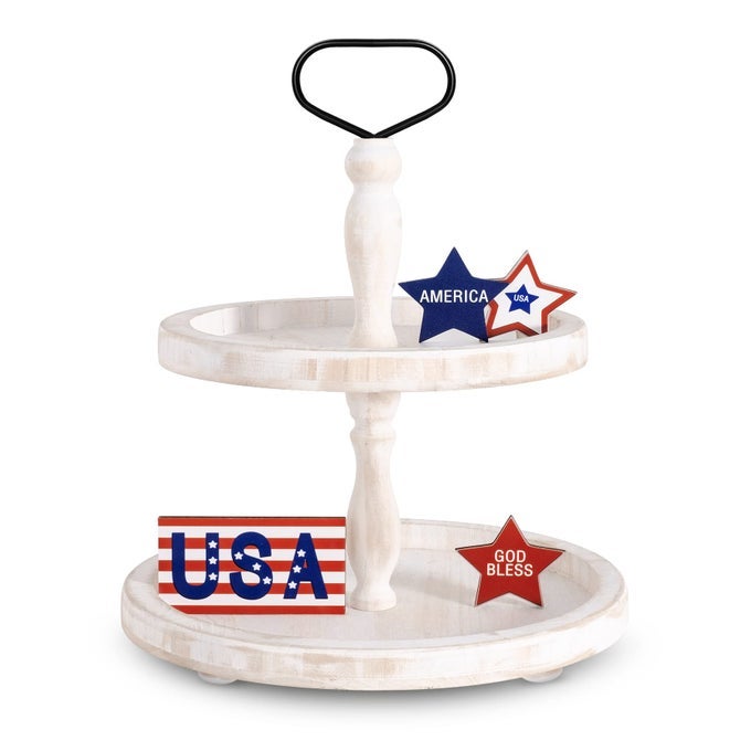 RUSTIC WOODEN 2 TIERED TRAY ROUND FARMHOUSE KITCHEN TABLE DECOR SERVING TIER TRAY FOOD FRUITS CUPCAKE DISPLAY COFFEE BAR HOME PARTY SEASONAL DECORATIONS WHITE
