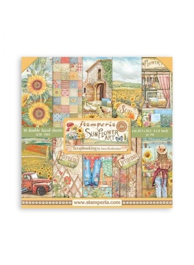 STAMPERIA Scrapbooking Small Pad 10 Sheets cm 20.3 x 20.3 cm (8 x 8 Inches) - Sunflower Art - Image 1