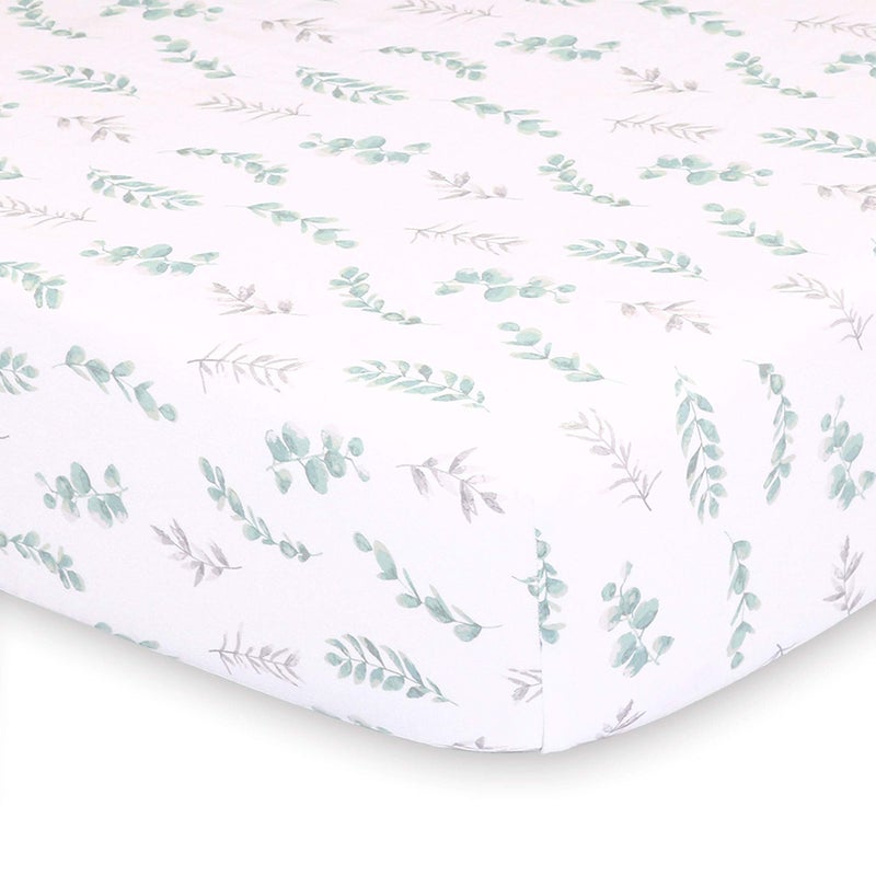 The Peanut Shell Sage Green and Grey Leaves Fitted Baby Crib Sheet - Farmhouse Collection by - Image 1