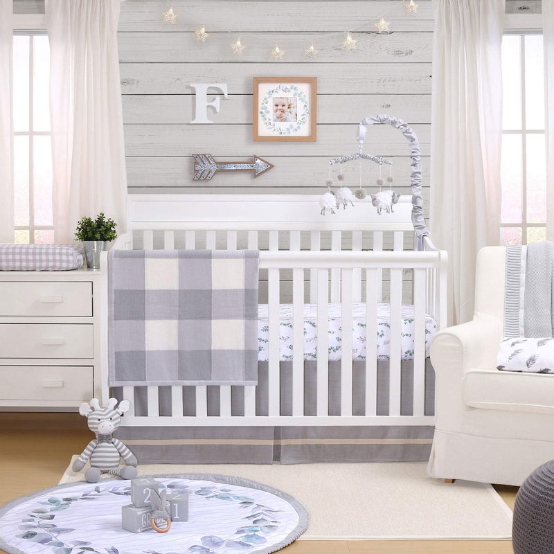 The Peanut Shell Sage Green and Grey Leaves Fitted Baby Crib Sheet - Farmhouse Collection by - Image 2