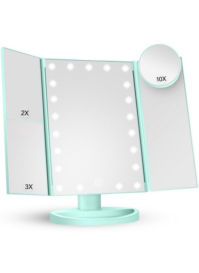 HUONUL - Makeup Mirror Vanity With Lights, 2X 3X 10X Magnification, Lighted Mirror, Touch Control, Trifold Dual Power Supply, Portable Led Women Gift (Green) - Image 1