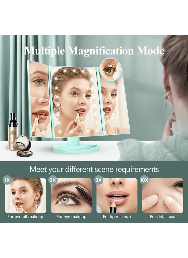 HUONUL - Makeup Mirror Vanity With Lights, 2X 3X 10X Magnification, Lighted Mirror, Touch Control, Trifold Dual Power Supply, Portable Led Women Gift (Green) - Image 1