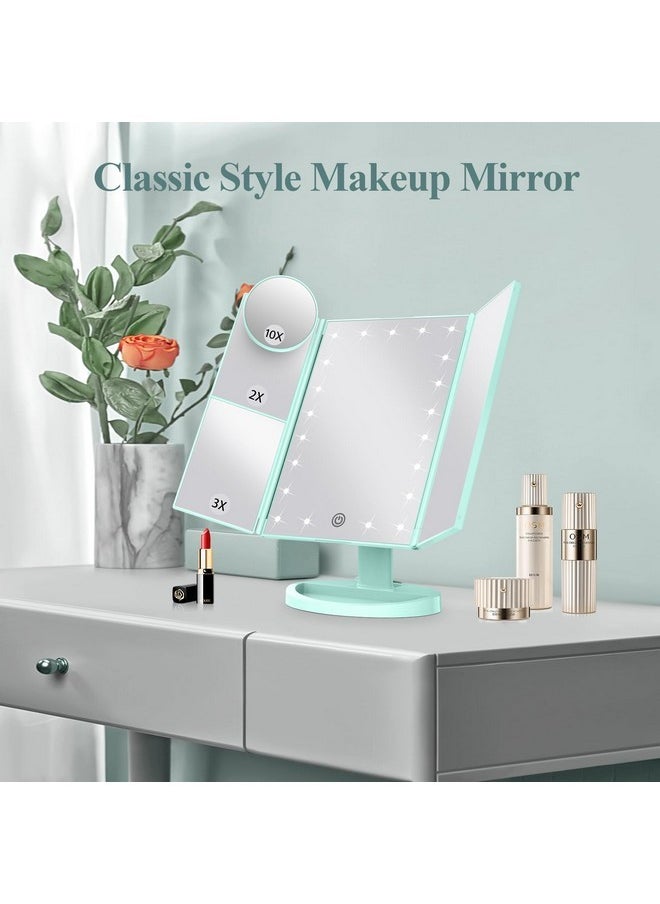 HUONUL - Makeup Mirror Vanity With Lights, 2X 3X 10X Magnification, Lighted Mirror, Touch Control, Trifold Dual Power Supply, Portable Led Women Gift (Green) - Image 1