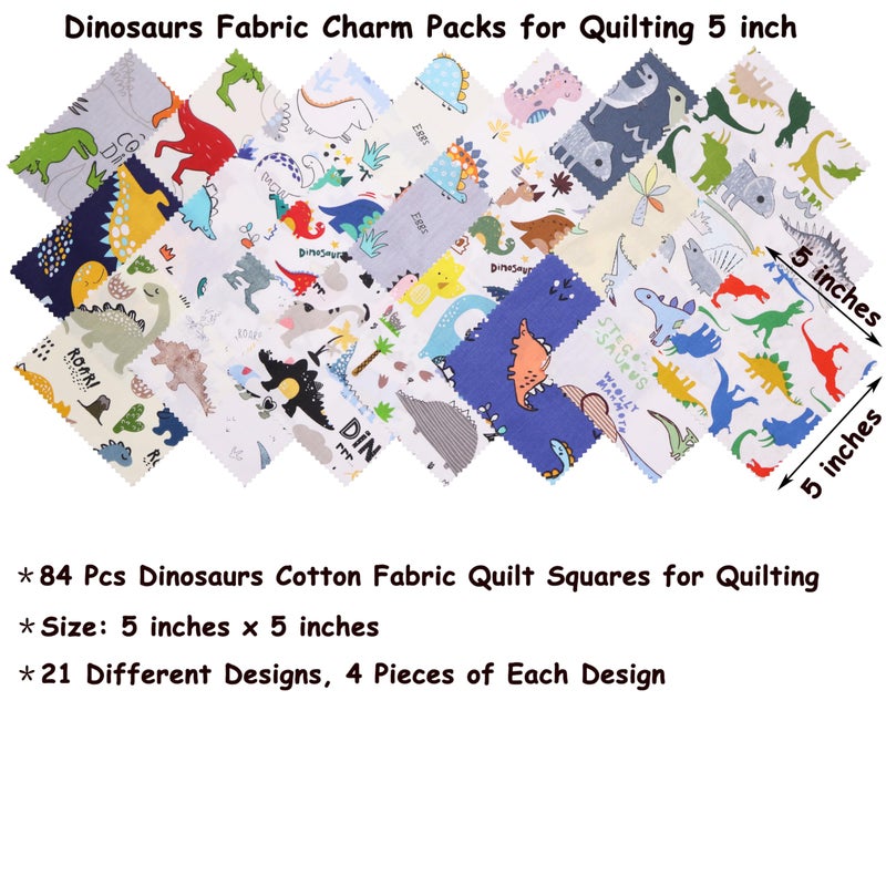 Hanjunzhao 84Pcs 5x5 Dinosaur Cotton Fabric Squares for Baby Boy - Dinosaur Charm Pack Fabric for Quilting 5 inch - Precut Quilt Squares 5x5 for Quilting, Sewing, Blanket, Home Decor, and Crafts - Image 5
