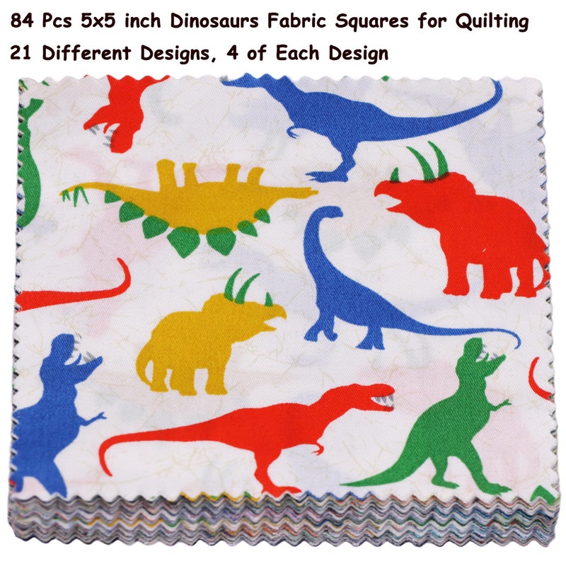 Hanjunzhao 84Pcs 5x5 Dinosaur Cotton Fabric Squares for Baby Boy - Dinosaur Charm Pack Fabric for Quilting 5 inch - Precut Quilt Squares 5x5 for Quilting, Sewing, Blanket, Home Decor, and Crafts - Image 3