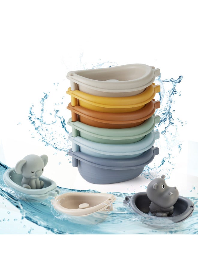 Generic - Infant Bathroom Stacking Floating Boat Bathing And Bathing Water-playing Stacking Boat Cute Pet Finger Cover Toy-Color:3 Boats + 3 Animals (elephant + Monkey + Fox) Color Box - Image 1