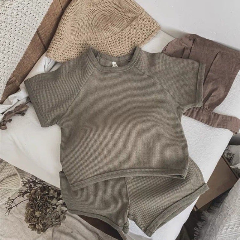 Nordic Waffle Grid Kids Summer Short Set Olive Green [Set]] 