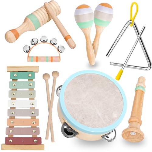 Raimy Kids Musical Instruments Set Neutral Colors Wooden Montessori Toys Percussion Music Modern Boho Xylophone Birthday Gifts for 1 2 3 Year Old Baby Toddlers Boys Girls 3 with Storage Bag - Image 1