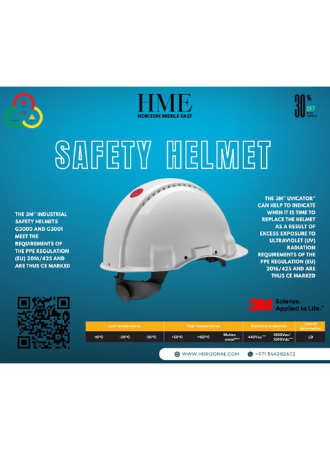 3M G3000 Safety Helmet, Uvicator Ratchet, Ventilated, White