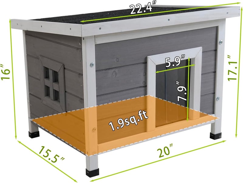 Outdoor Cat House, Solid Wood Weatherproof Feral Cat Shelter with Asphalt Roof, PVC Door Curtain, Elevated Floor, Gray, 22.5" x 17.7" x 17.1 - Image 5