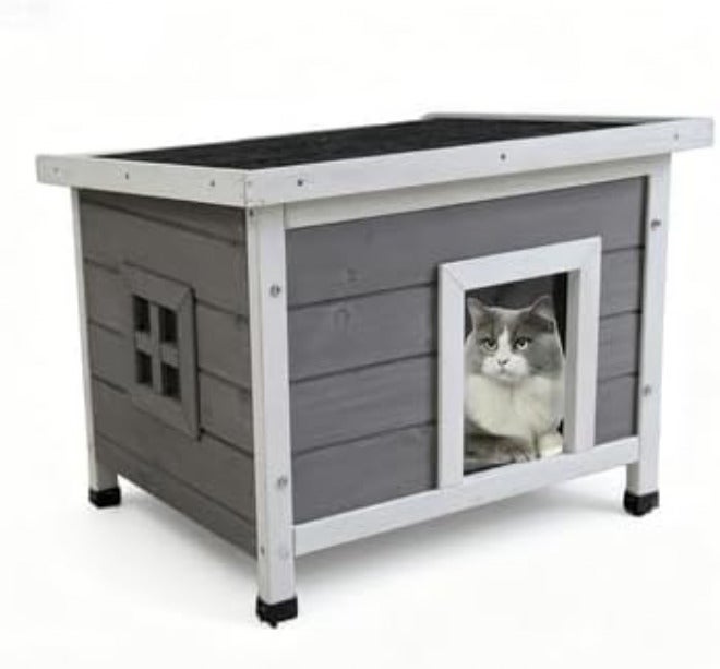 Outdoor Cat House, Solid Wood Weatherproof Feral Cat Shelter with Asphalt Roof, PVC Door Curtain, Elevated Floor, Gray, 22.5" x 17.7" x 17.1 - Image 1