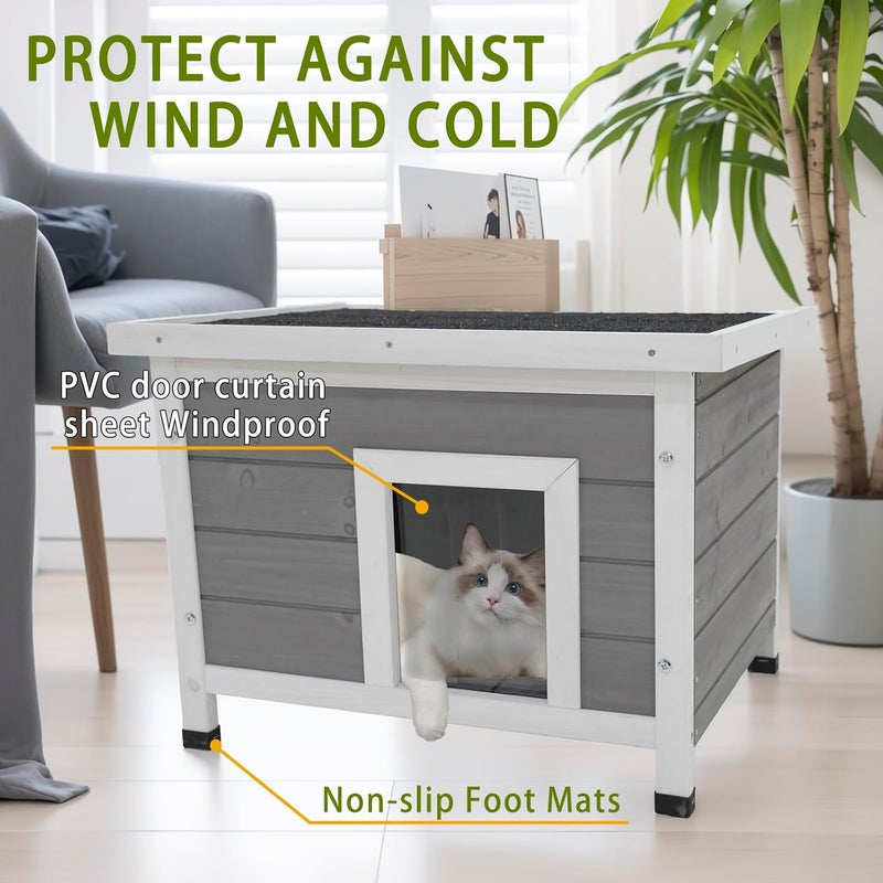 Outdoor Cat House, Solid Wood Weatherproof Feral Cat Shelter with Asphalt Roof, PVC Door Curtain, Elevated Floor, Gray, 22.5" x 17.7" x 17.1 - Image 2