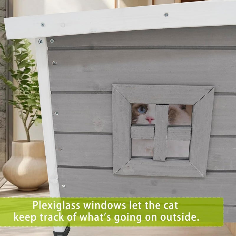 Outdoor Cat House, Solid Wood Weatherproof Feral Cat Shelter with Asphalt Roof, PVC Door Curtain, Elevated Floor, Gray, 22.5" x 17.7" x 17.1 - Image 3