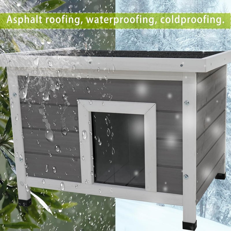 Outdoor Cat House, Solid Wood Weatherproof Feral Cat Shelter with Asphalt Roof, PVC Door Curtain, Elevated Floor, Gray, 22.5" x 17.7" x 17.1 - Image 4