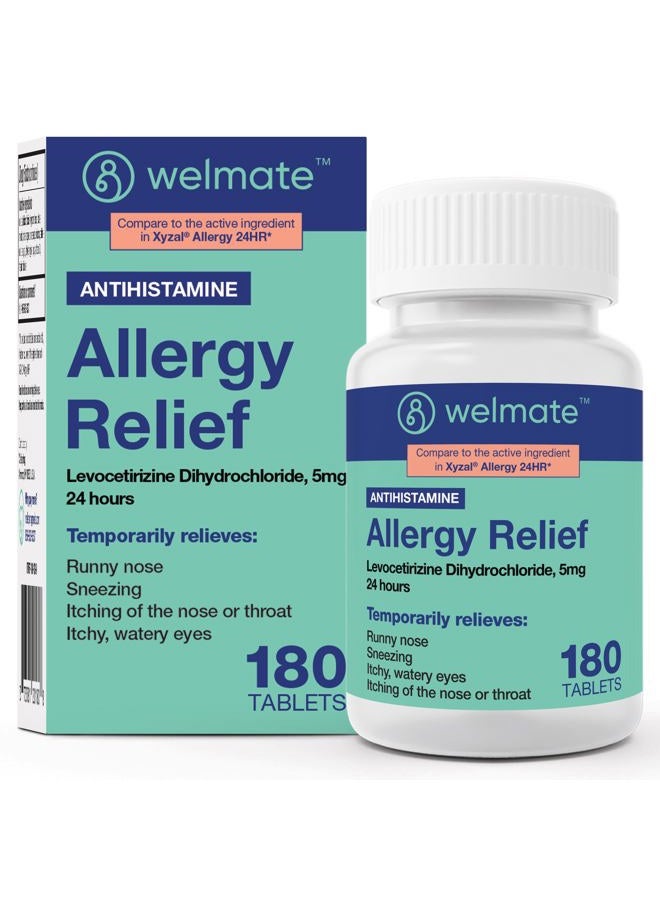 WELMATE Allergy | Generic Xyzal Levocetirizine Dihydrochloride 5mg | Non Drowsy | Fast Acting | 24hr Support | Runny Nose, Watery Eyes, Sneezing | Antihistamine | Allergy Medication | 180 ct - Image 1