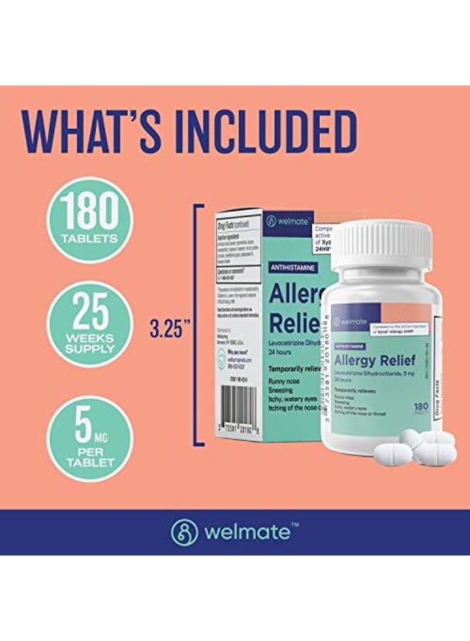 WELMATE Allergy | Generic Xyzal Levocetirizine Dihydrochloride 5mg | Non Drowsy | Fast Acting | 24hr Support | Runny Nose, Watery Eyes, Sneezing | Antihistamine | Allergy Medication | 180 ct - Image 2