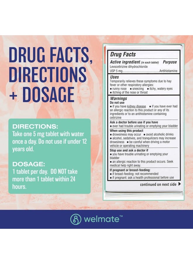 WELMATE Allergy | Generic Xyzal Levocetirizine Dihydrochloride 5mg | Non Drowsy | Fast Acting | 24hr Support | Runny Nose, Watery Eyes, Sneezing | Antihistamine | Allergy Medication | 180 ct - Image 5