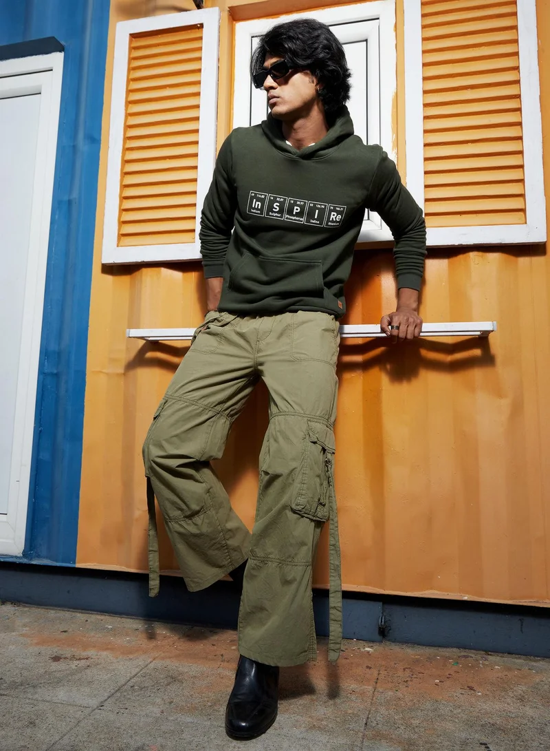 Campus Sutra Men's Forest Green Inspire Hoodie With Kangaroo Pocket