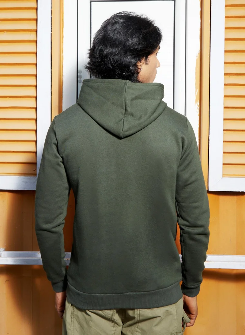Campus Sutra Men's Forest Green Inspire Hoodie With Kangaroo Pocket