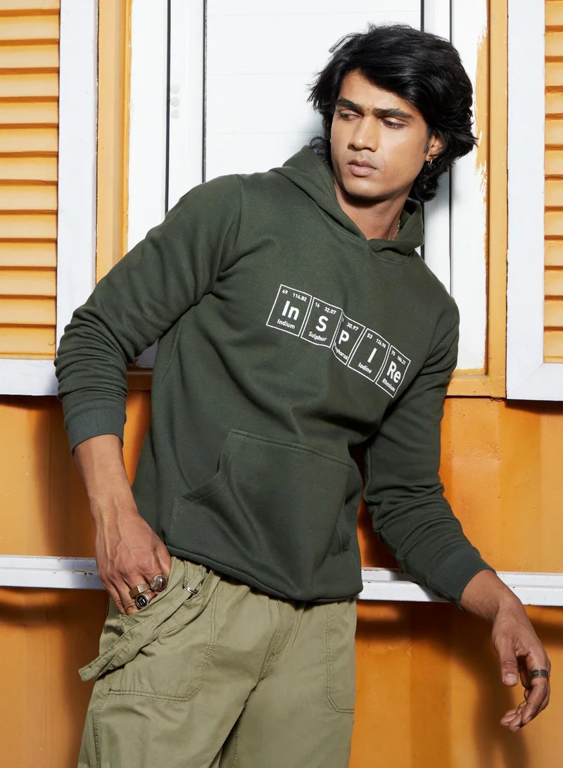 Campus Sutra Men's Forest Green Inspire Hoodie With Kangaroo Pocket