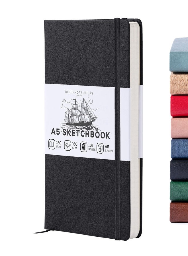 Beechmore Books دفتر رسم بيشيمور بحجم A5 - 5.8x8.3 جلد نباتي فاخر كبير مع 156 صفحة سميكة 160gsm مثقبة بلون العاج، دفتر رسم فارغ، مع صندوق هدايا، جيب خلفي، علامة مرجعية - Image 1
