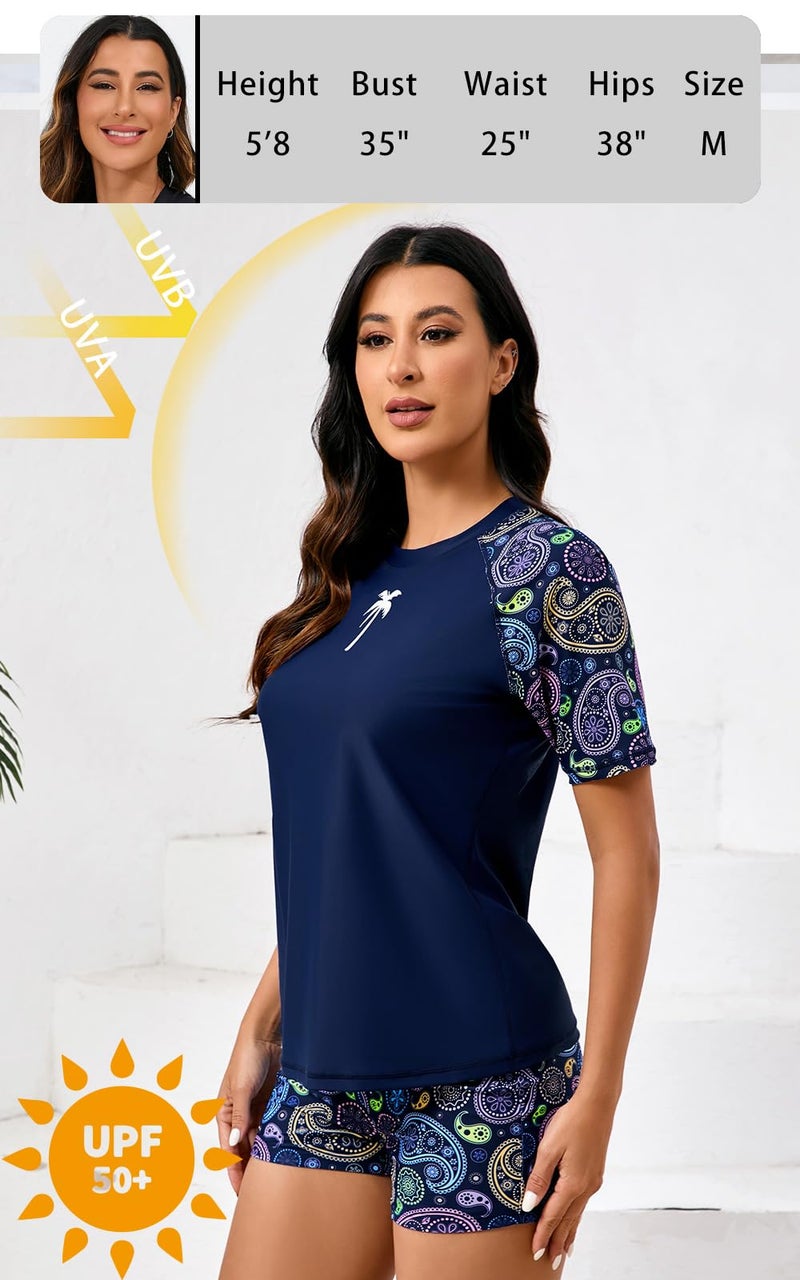 Halcurt Women's Two Piece Rash Guard Bathing Suit Tops with Shorts Navy Paisley L - Image 5