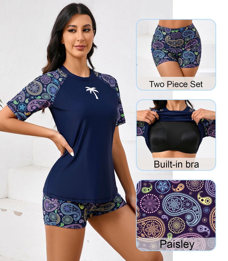 Halcurt Women's Two Piece Rash Guard Bathing Suit Tops with Shorts Navy Paisley L - Image 4