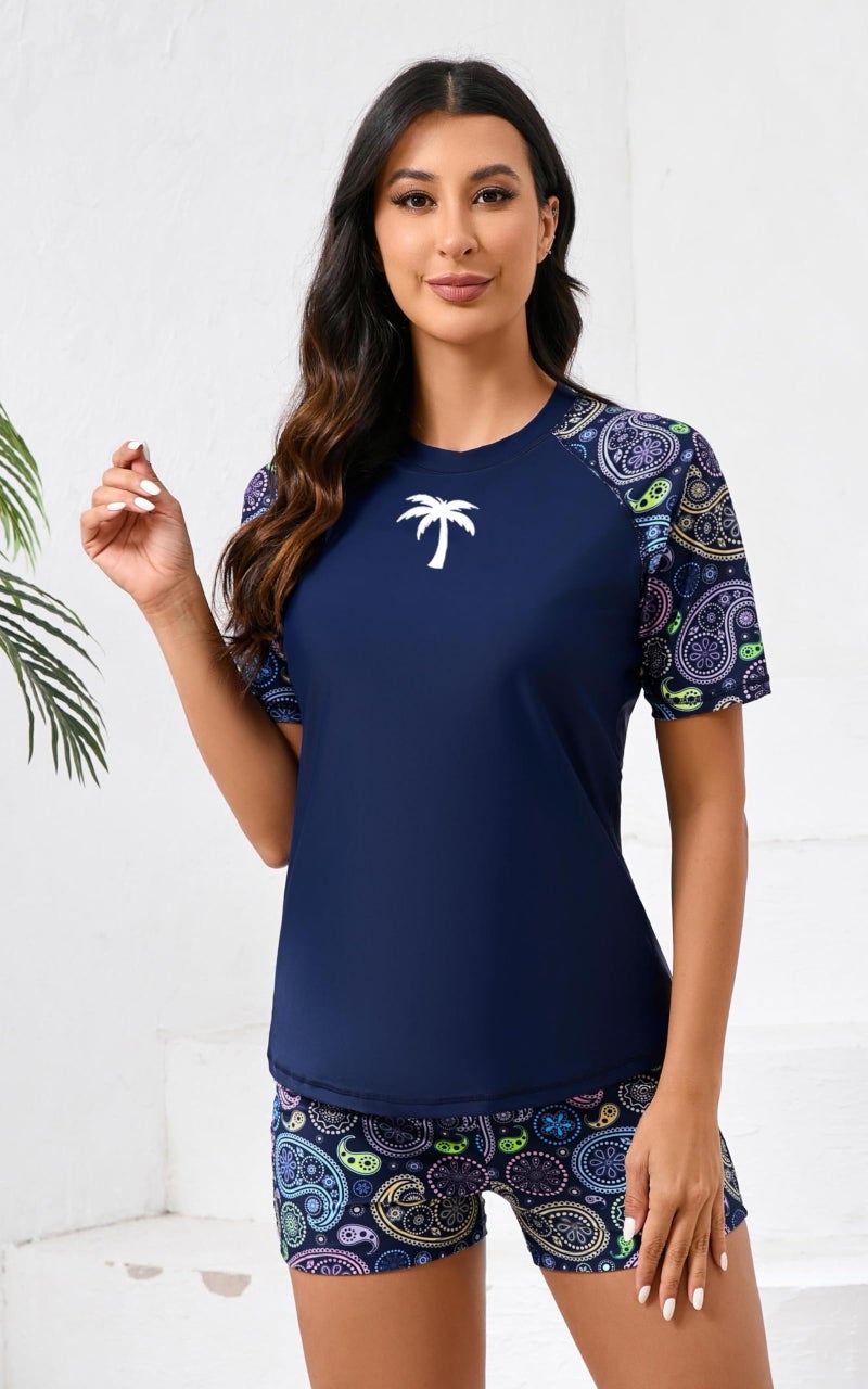 Halcurt Women's Two Piece Rash Guard Bathing Suit Tops with Shorts Navy Paisley L - Image 3